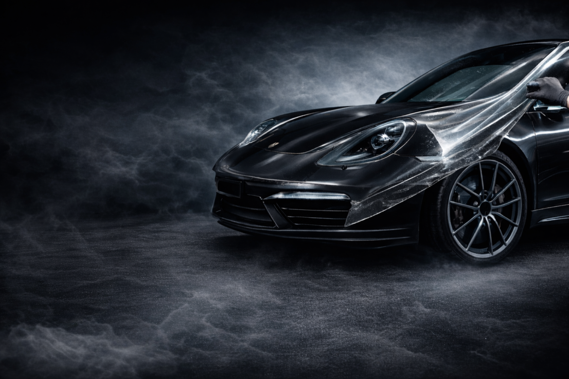 Schwarzer Sportwagen im Garagenlicht